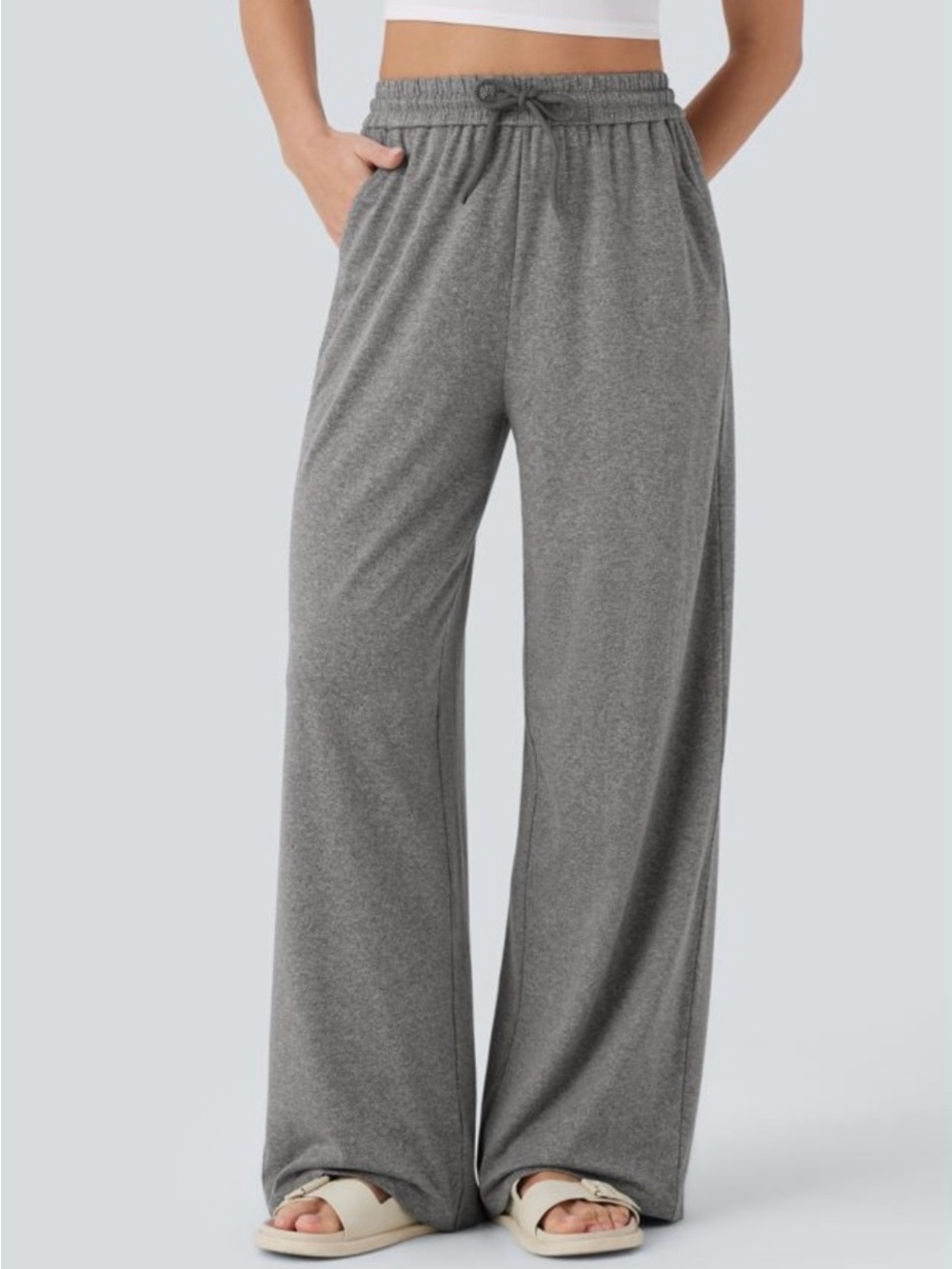 NWOT Gray Halara High Waisted Drawstring Pocket Wide Leg Baggy Casual Pants